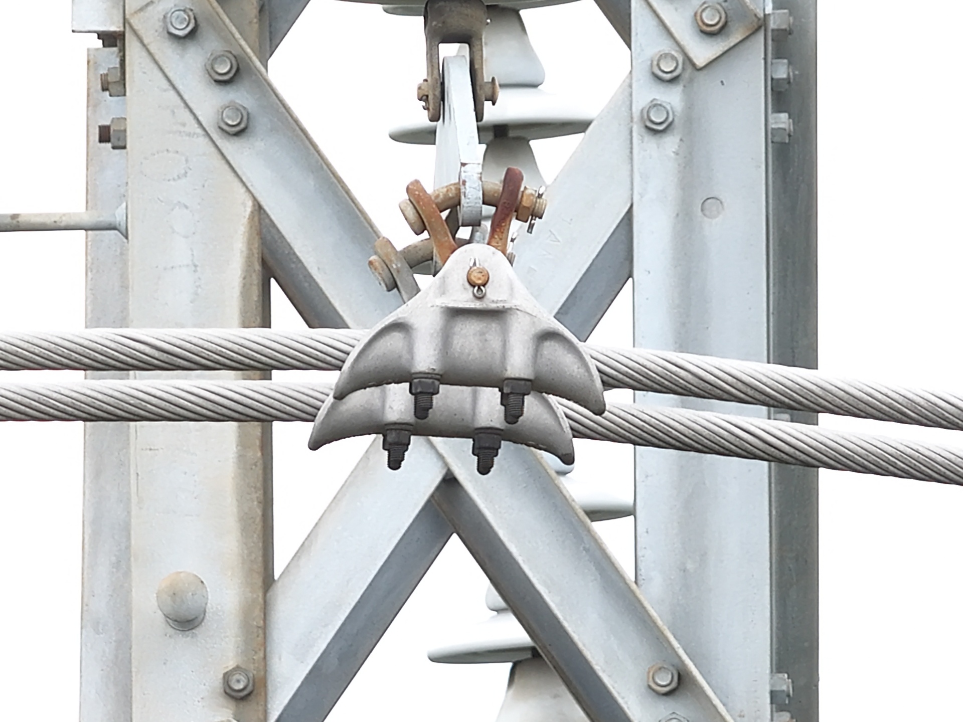 Powerline asset inspection — transmission tower hardware close-up