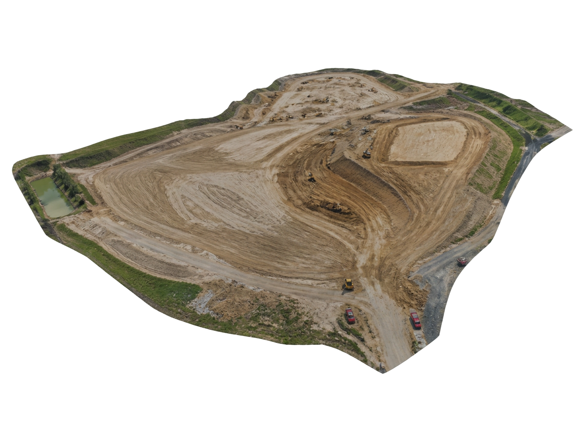 Photogrammetric 3D terrain model of an active earthwork site with realistic textures, cut-and-fill grading, and on-site equipment